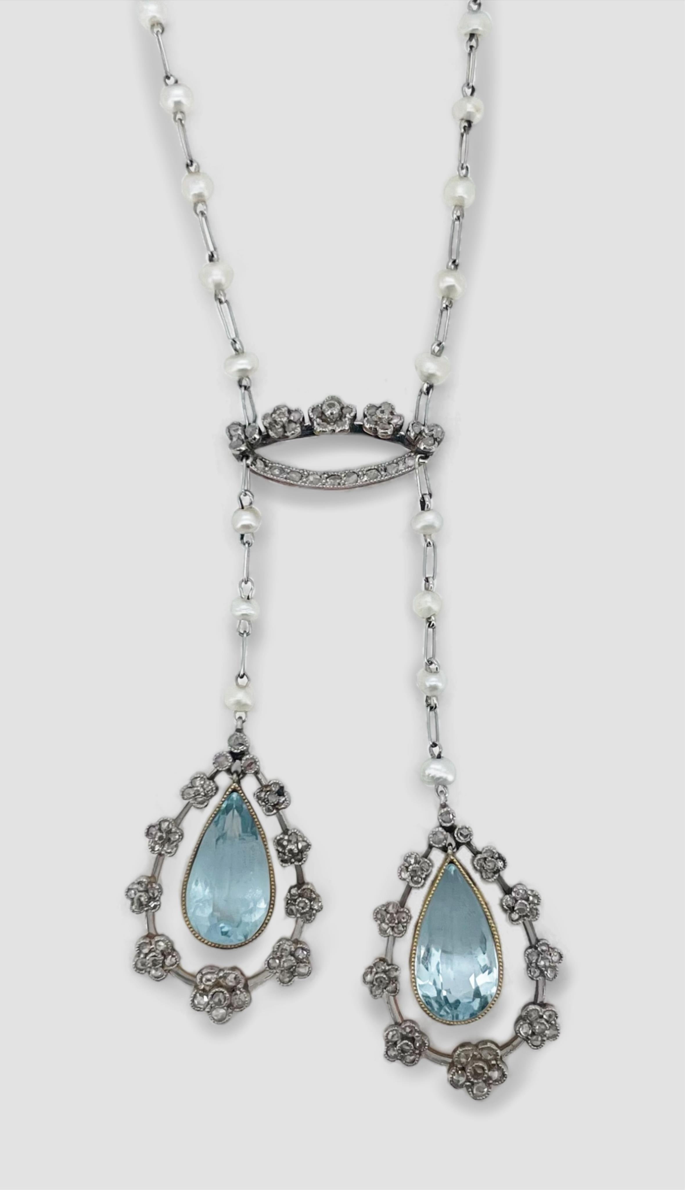 Retailed by Carrington & Co., a Belle Epoque aquamarine, seed pearl and diamond necklace, early 20th century